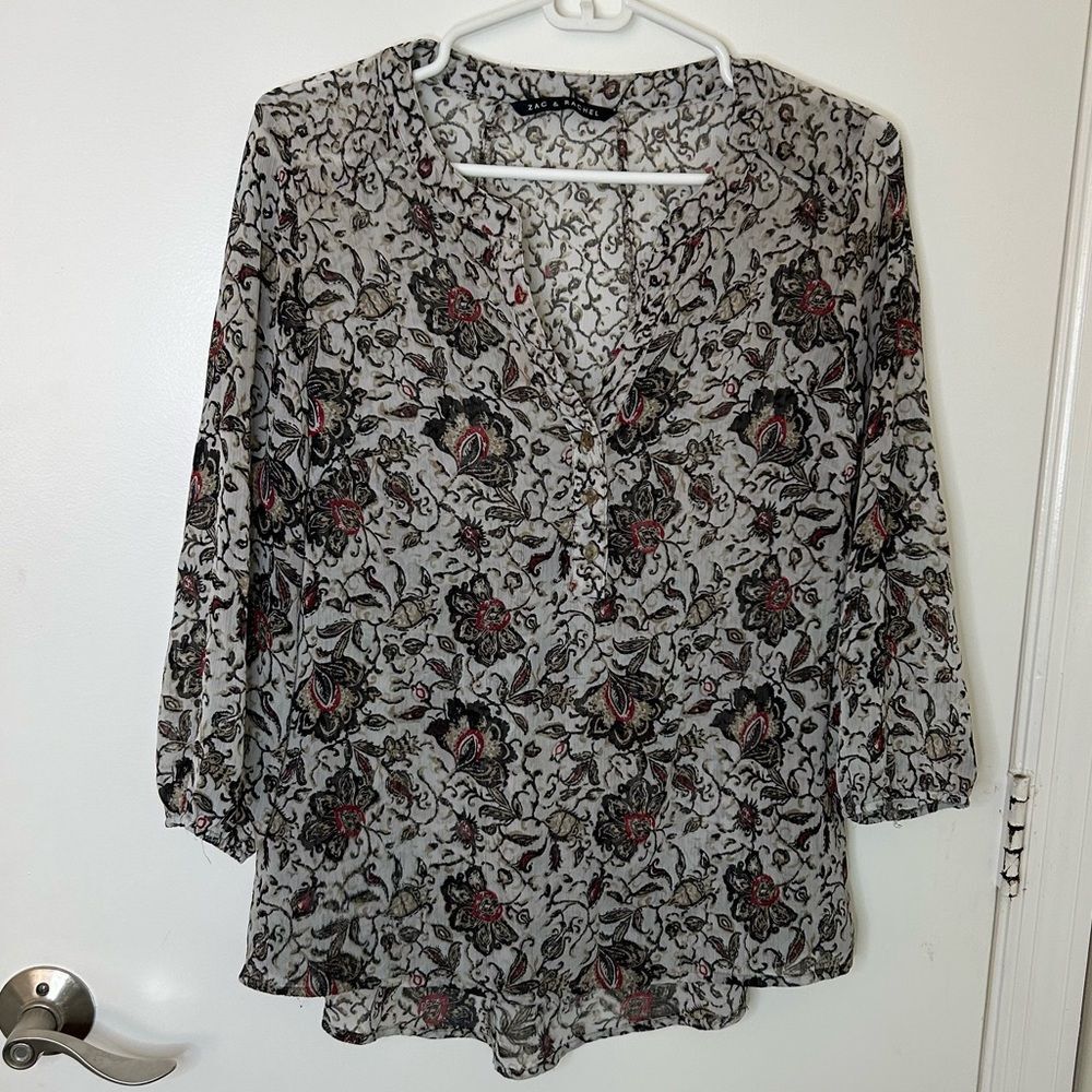 Zac and Rachel | multicolored floral print chiffon long sleeve blouse | small